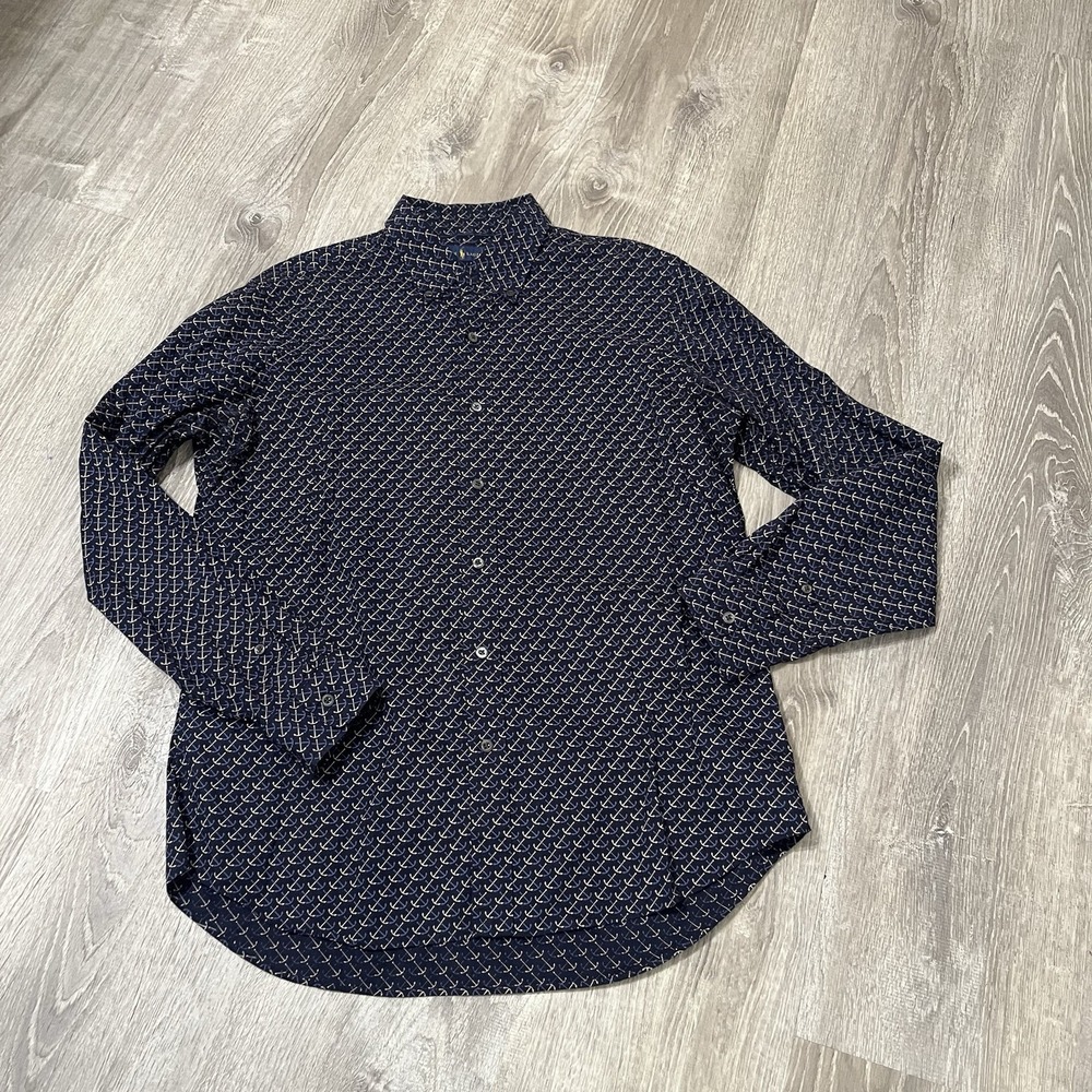 Ralph Lauren Shirt Mens L Blue Long Sleeve Stretch Nautical Anchor Button Down